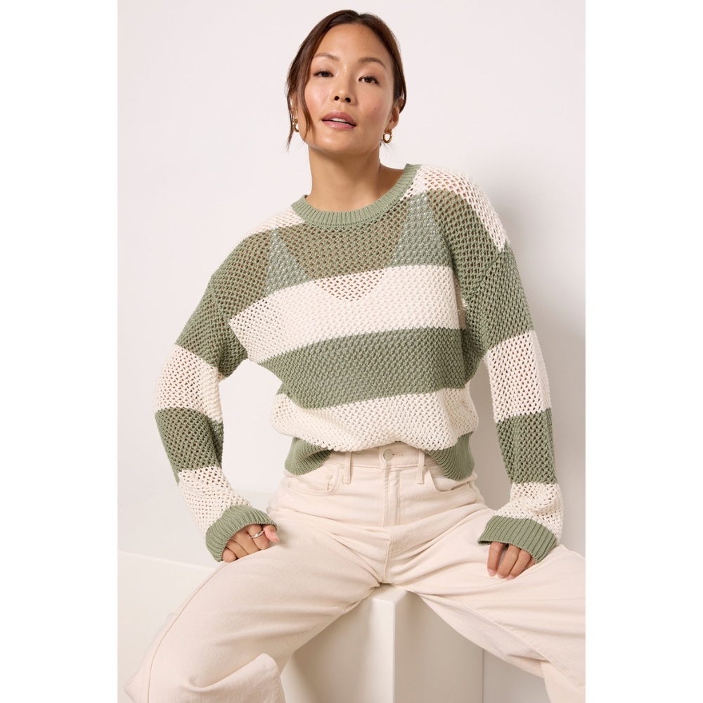 Z Supply Boardbeach Stripe Cotton Crochet Knit Pullover Sweater Palmgreen Ivory
